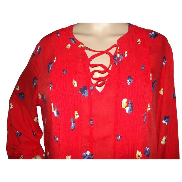 Old Navy Blouse Womens Large Red Floral boho peasant top lace-up v-neck swing - Picture 2 of 15